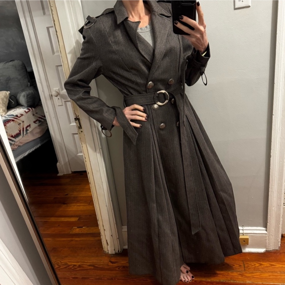 Double D Ranch double-breasted herringbone trench coat belted RTL $895 New